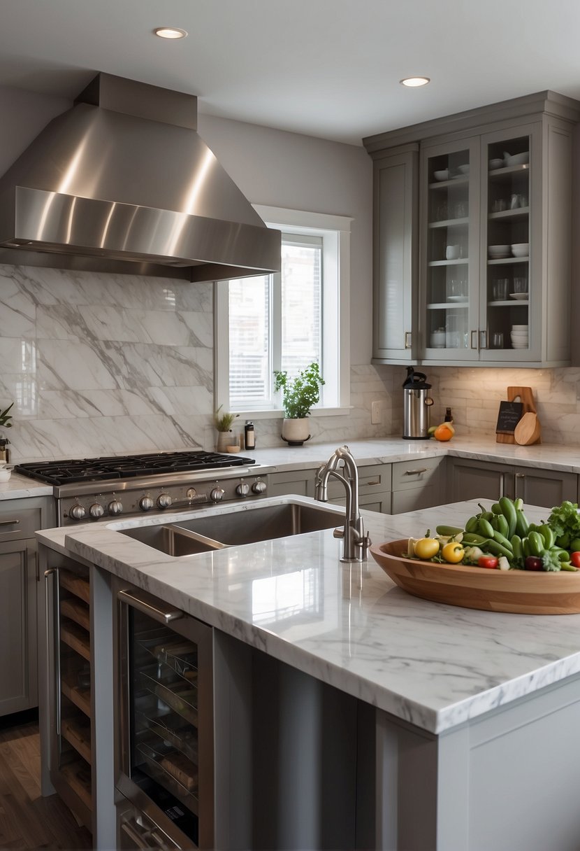 A modern kitchen with greige cabinetry, stainless steel appliances, and marble countertops