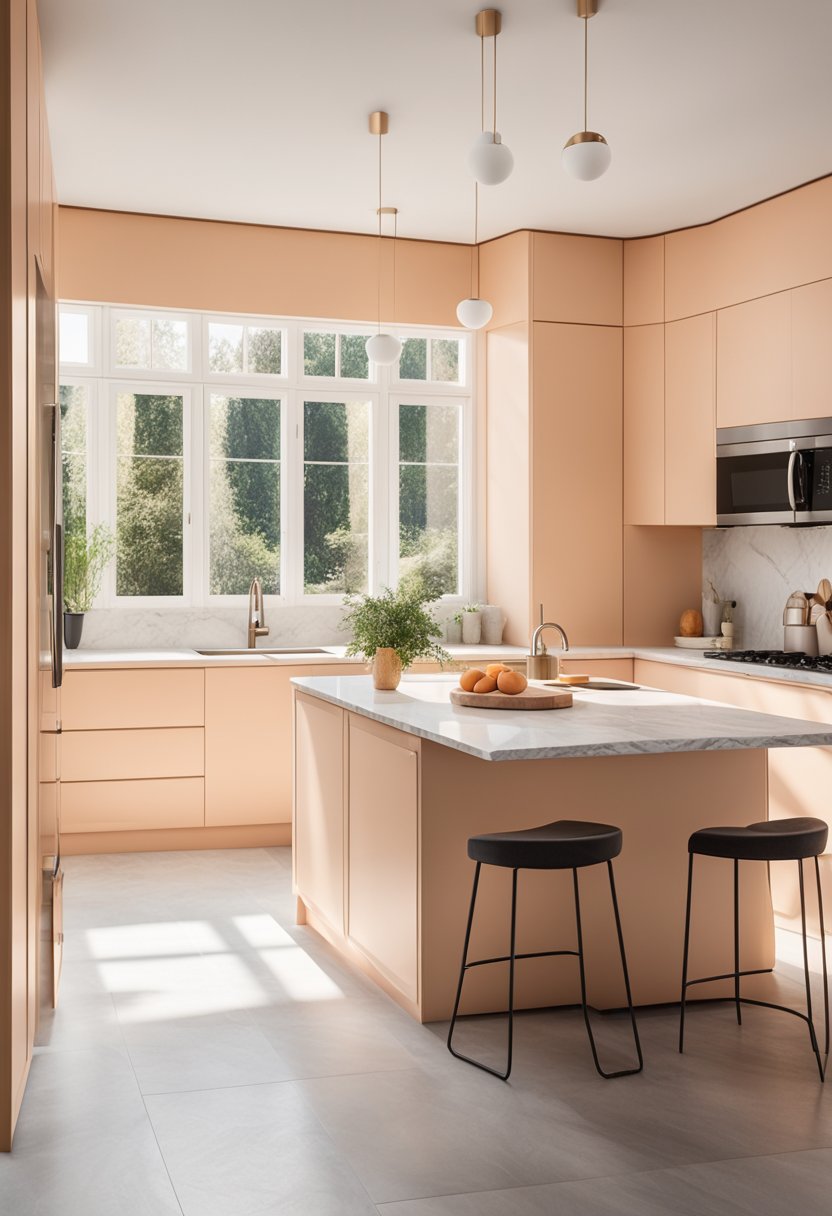 A cream and peach kitchen with modern appliances, marble countertops, and a cozy breakfast nook. Sunlight streams in through large windows, illuminating the clean, minimalist design