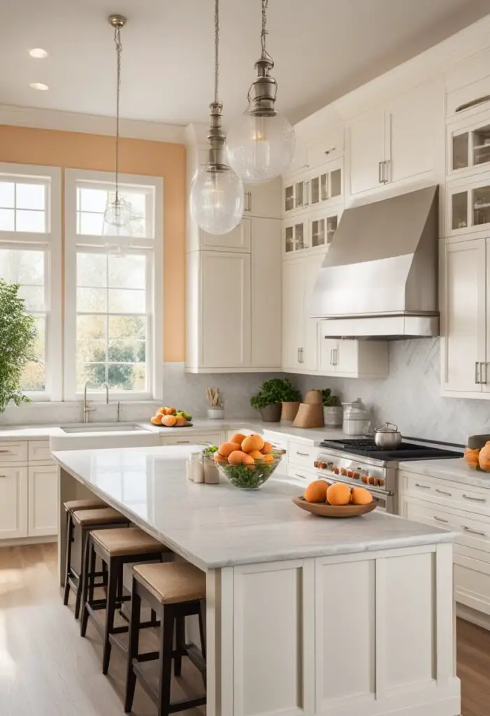 A spacious cream and peach kitchen with marble countertops, stainless steel appliances, and natural light streaming through large windows