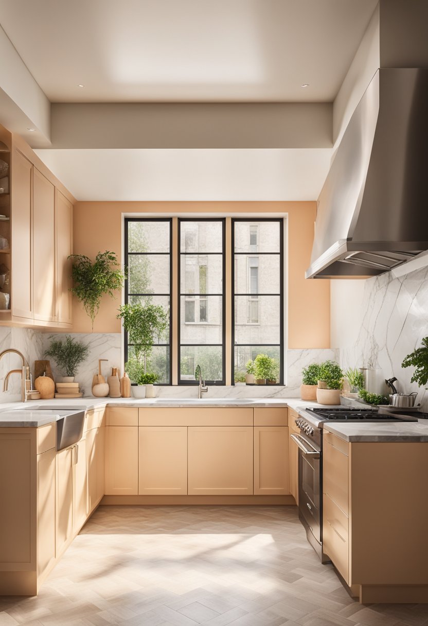 Cream and peach kitchen with marble countertops, stainless steel appliances, and light wood cabinetry. Sunlight streams through the window, casting a warm glow over the space