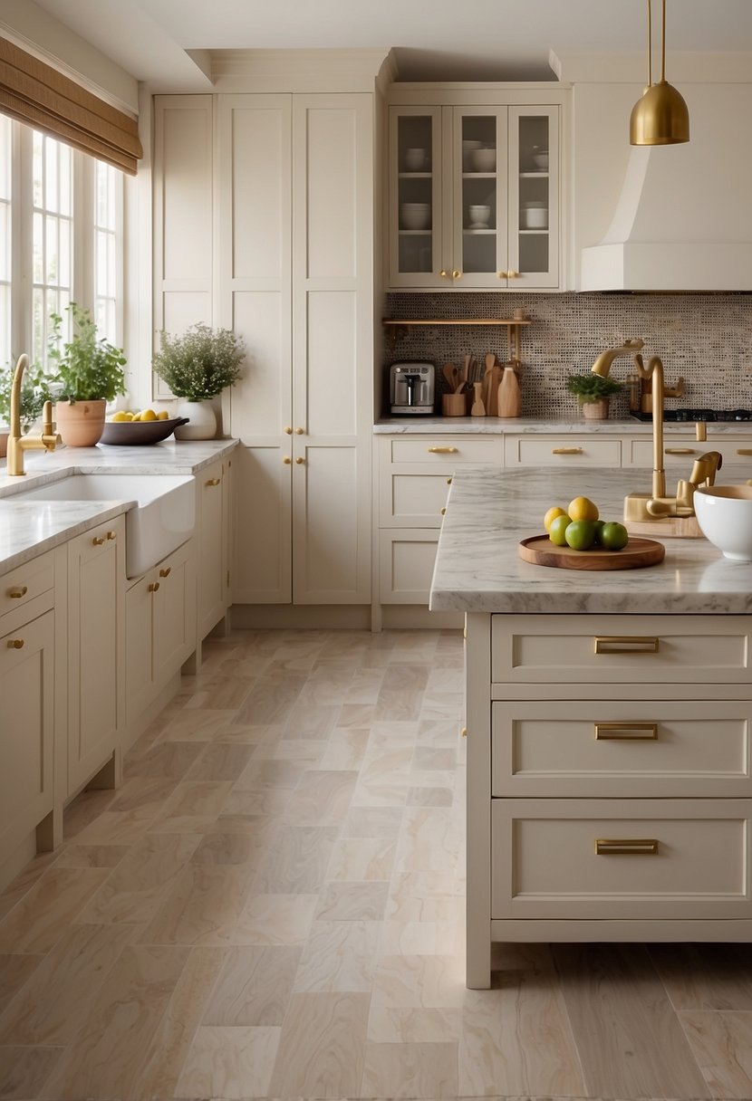 A spacious kitchen with cream-colored cabinets and brass hardware. The countertops are a sleek marble, and the floors are a warm hardwood