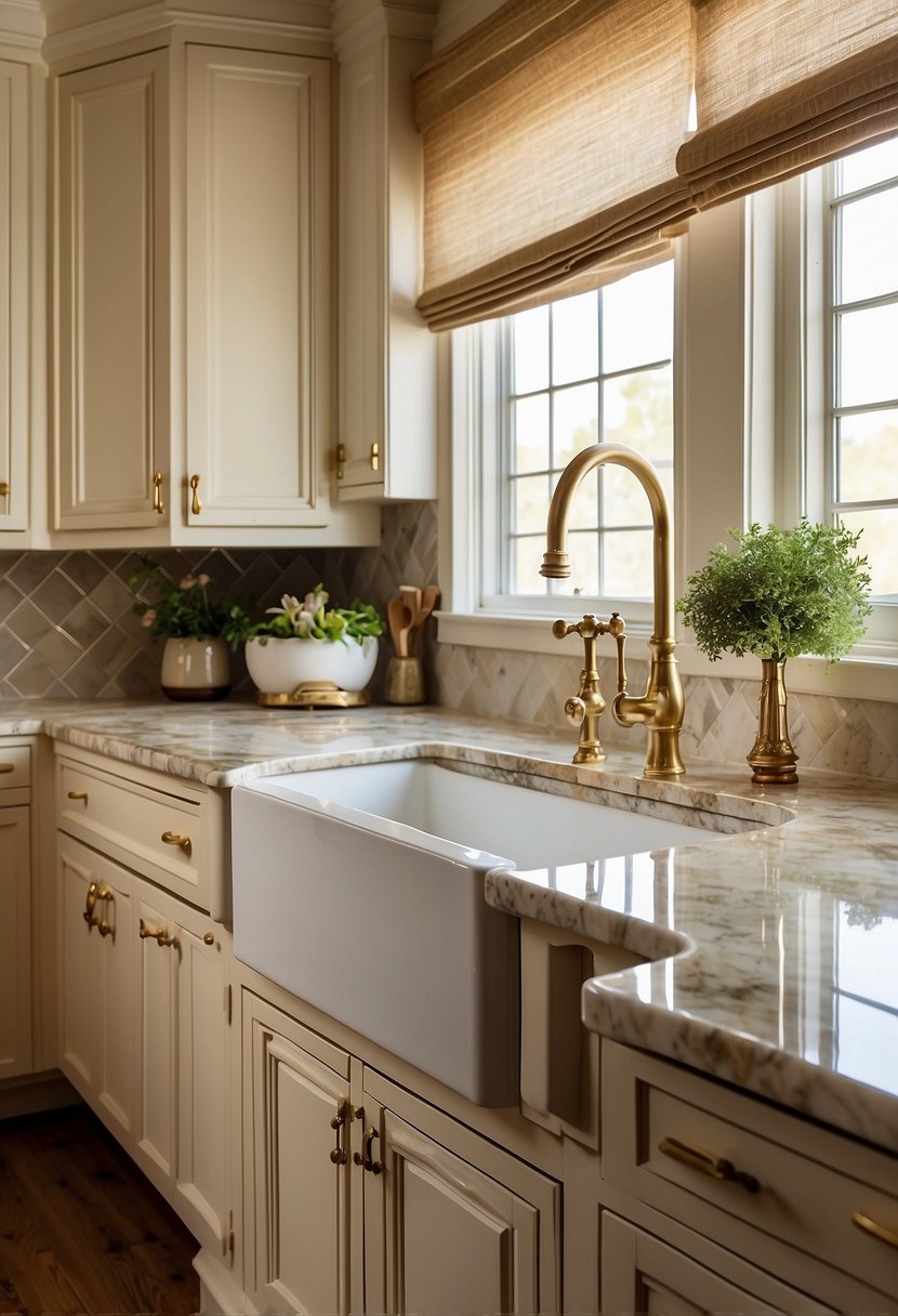 Cream and brass kitchen: cream cabinets with brass hardware, marble countertops, brass fixtures, and a large farmhouse sink