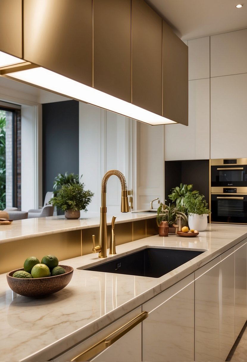 Cream and brass kitchens displayed in a bright, spacious gallery. Shiny brass fixtures contrast with creamy cabinets and countertops