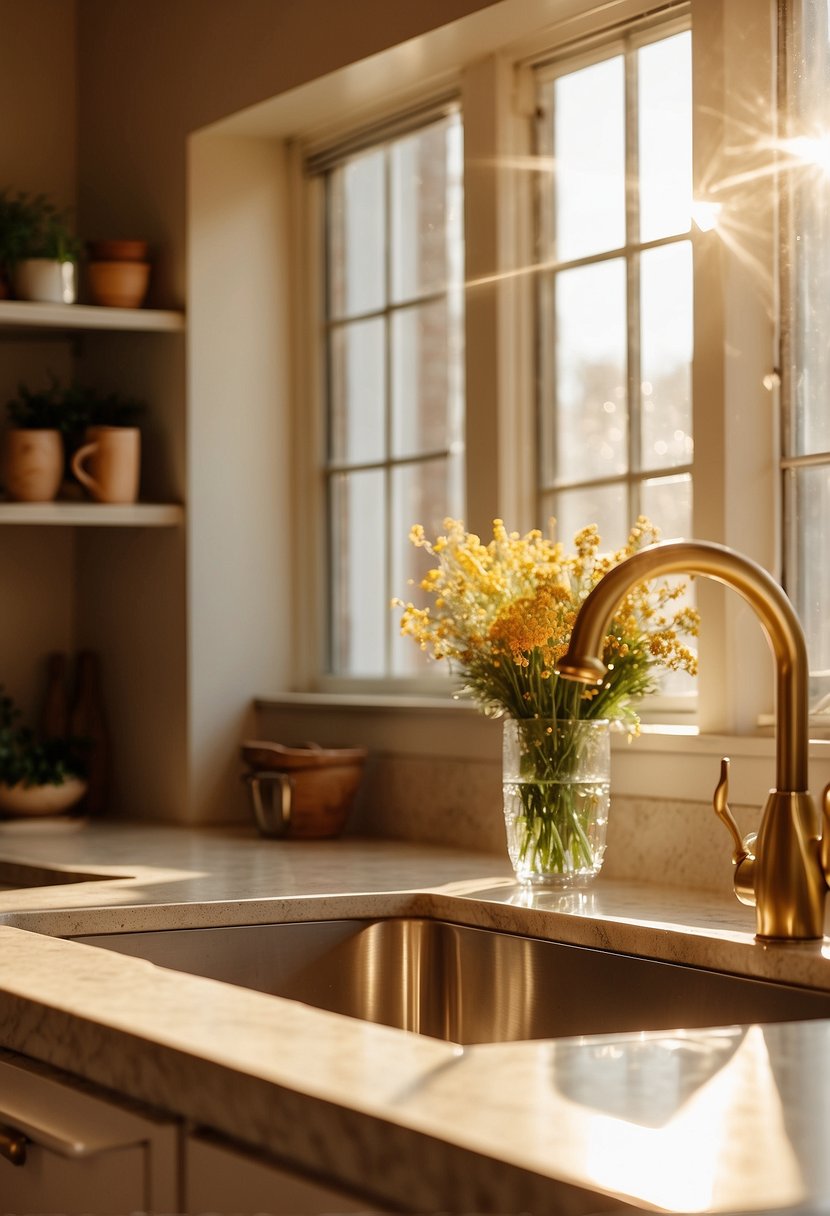 Warm sunlight streams through large windows, casting a golden glow on cream-colored cabinets and brass fixtures