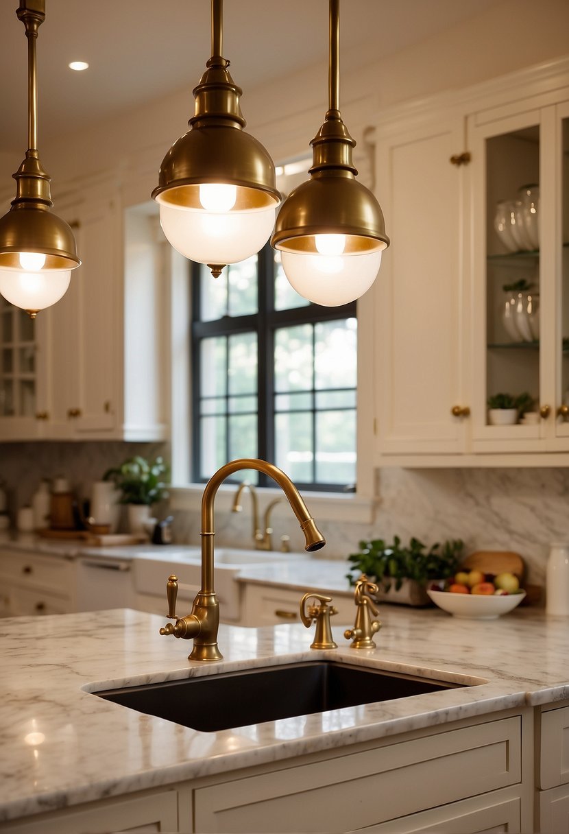 Cream and brass kitchen with marble countertops, vintage brass hardware, and cream-colored cabinets. A large farmhouse sink sits beneath a brass pendant light