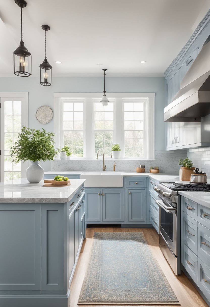 A powder blue kitchen with white cabinets, stainless steel appliances, and marble countertops. A large window lets in natural light, illuminating the cozy space