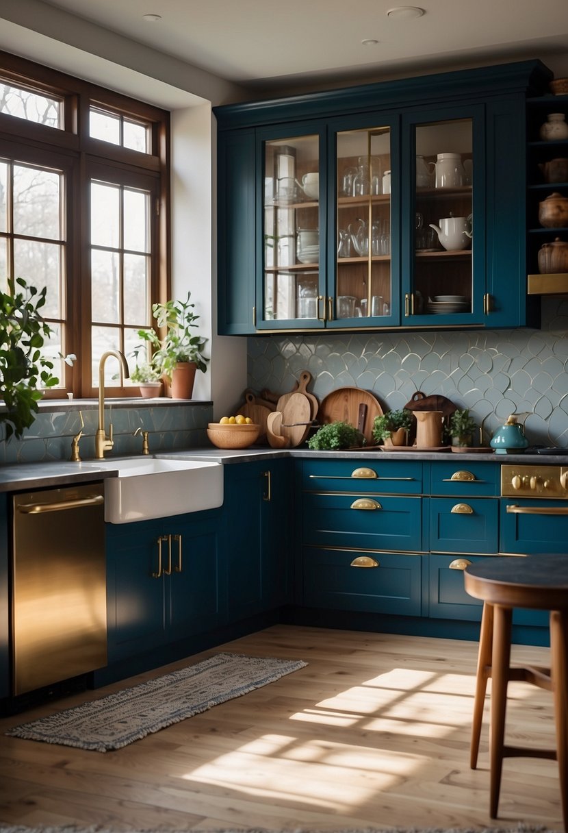 A kitchen with peacock blue cabinets and brass hardware, with natural light streaming in through large windows