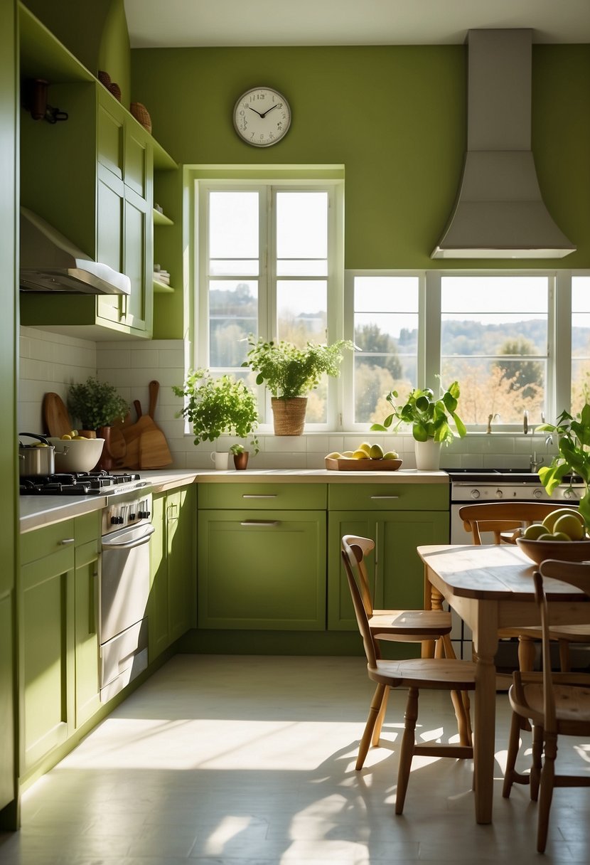 A bright avocado green kitchen with white cabinets and countertops. Sunlight streams in through the window, casting a warm glow over the room