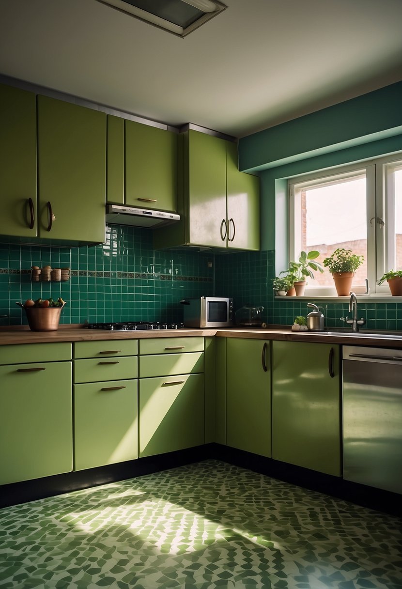 An avocado green kitchen with retro appliances and patterned linoleum flooring. A large window lets in natural light, illuminating the vintage decor