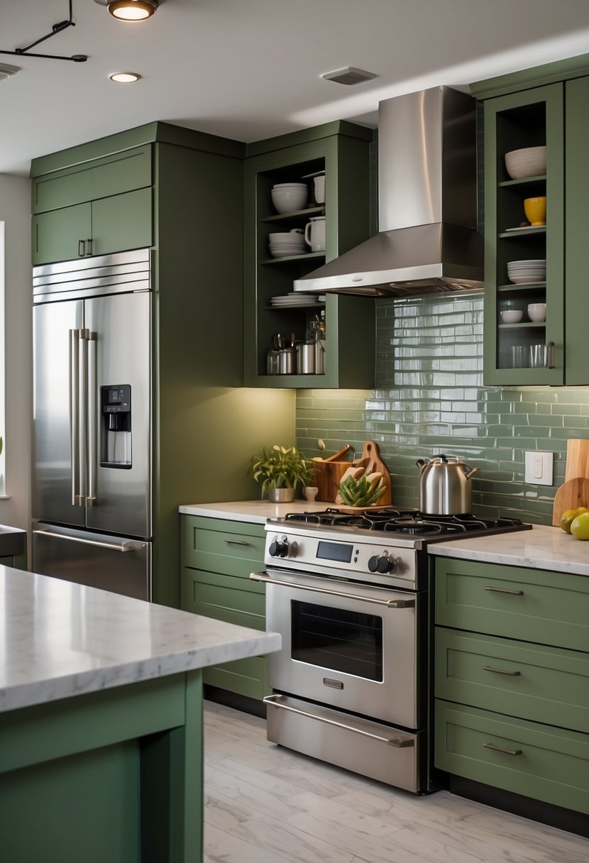 A modern kitchen with avocado green cabinets, white countertops, and stainless steel appliances. Bright natural light floods the room, highlighting the trendy color scheme