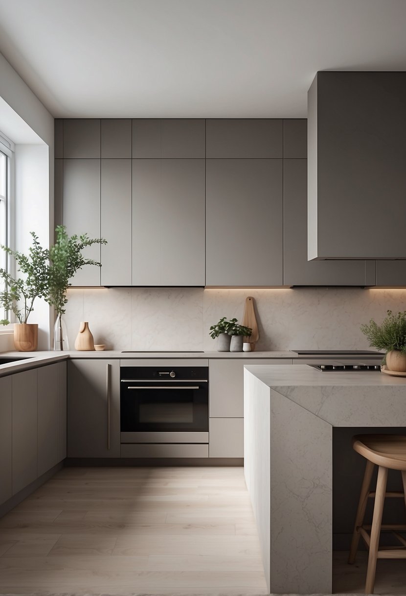 A greige kitchen with clean lines, neutral tones, and natural light. Minimalist decor and sleek appliances create a modern, calming atmosphere