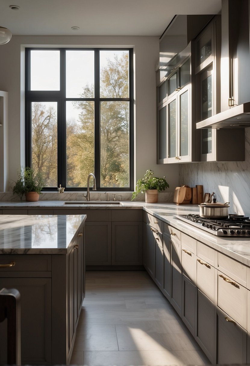 A spacious kitchen with greige cabinets, stainless steel appliances, and marble countertops. Natural light streams in through large windows, illuminating the sleek, modern design