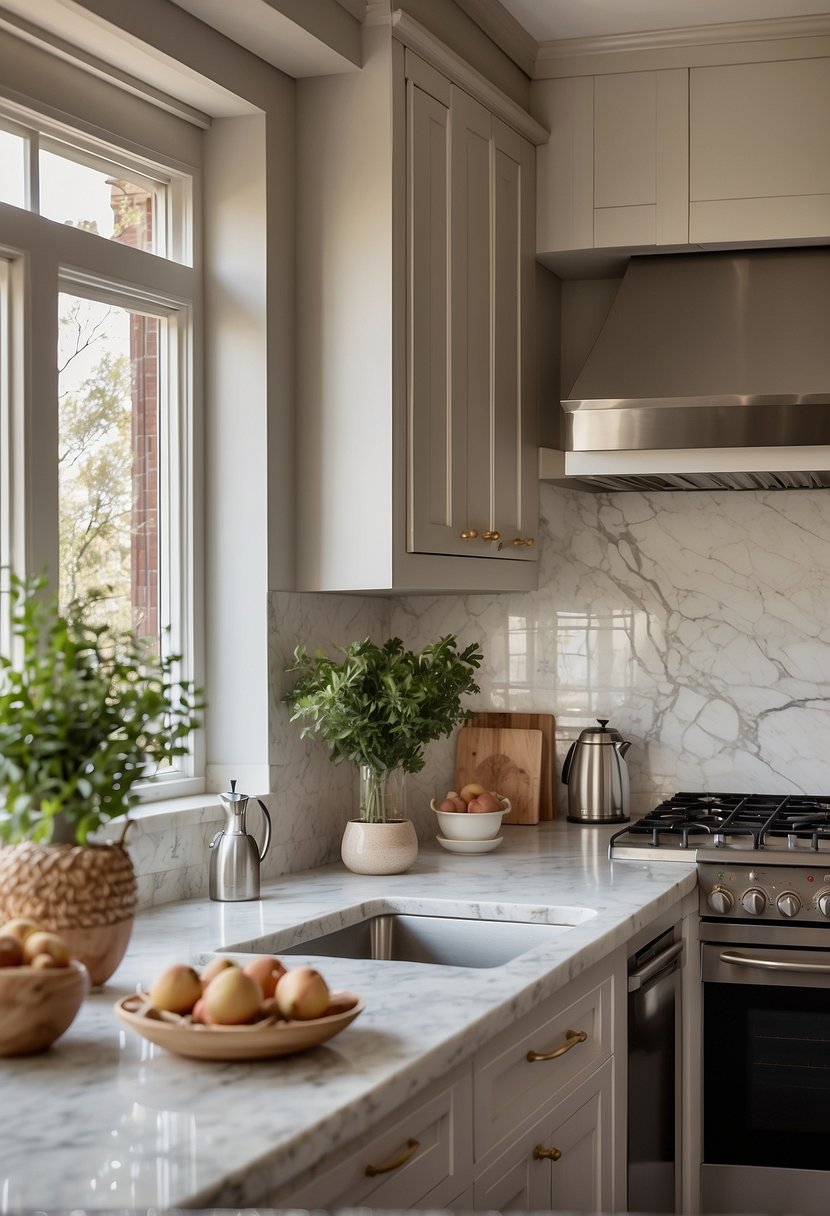 A greige kitchen with neutral cabinets, marble countertops, and stainless steel appliances. A large window brings in natural light, and a cozy breakfast nook completes the space