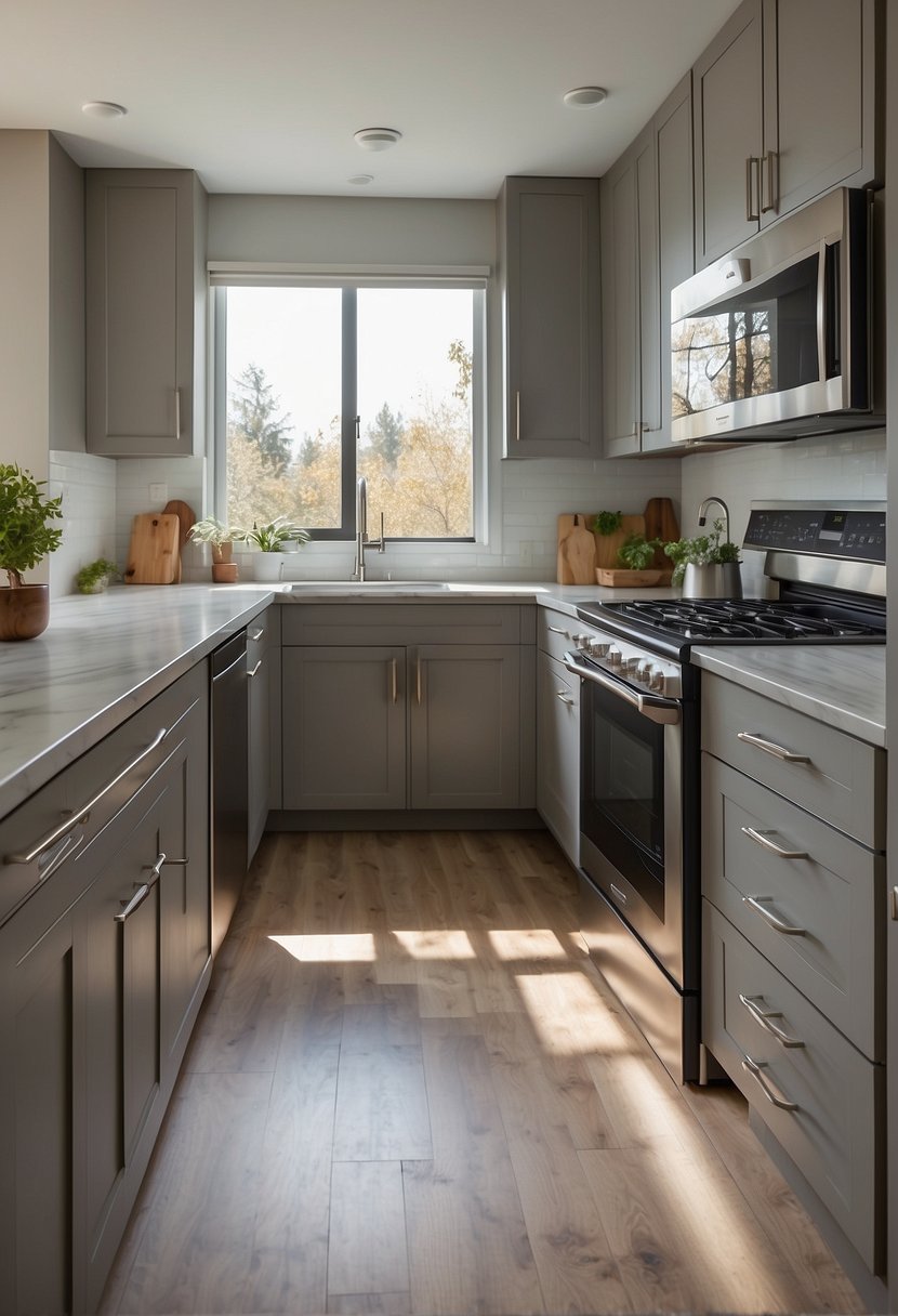 A modern kitchen with greige cabinets, white countertops, and stainless steel appliances. Natural light floods the space, creating a warm and inviting atmosphere