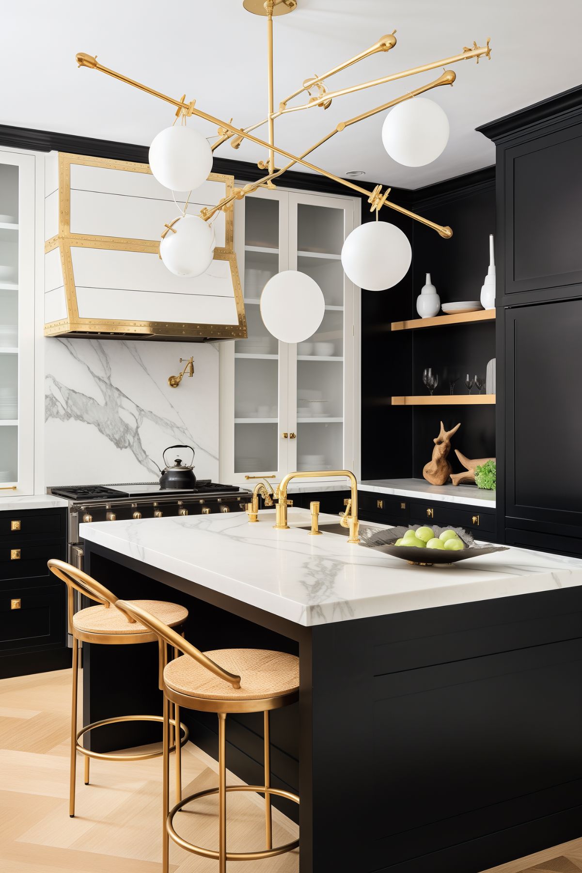 Elegant kitchen with a black, white, and gold theme featuring a large marble island, modern gold chandelier, and black cabinetry with gold hardware. The kitchen also includes white shelving units, a stylish gold and white range hood, and gold-accented barstools.