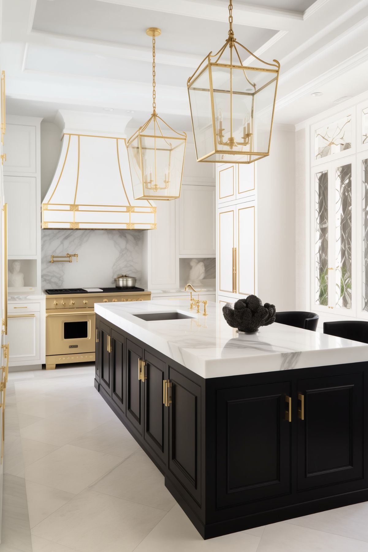 Luxurious kitchen with a black, white, and gold theme featuring a large black island with a marble countertop, elegant white cabinetry with gold accents, and a white range hood with gold trim. The kitchen is illuminated by two large gold-framed lantern-style pendant lights, adding a touch of sophistication to the space.