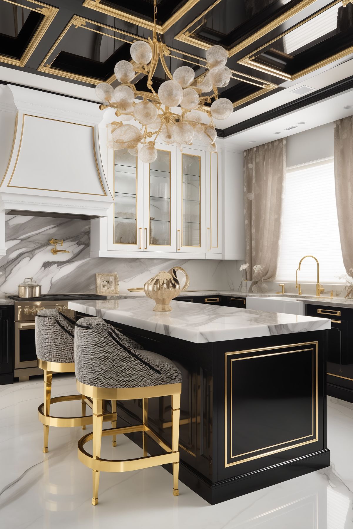 Luxurious kitchen featuring black, white, and gold accents with a marble island, elegant chandelier, and plush barstools.