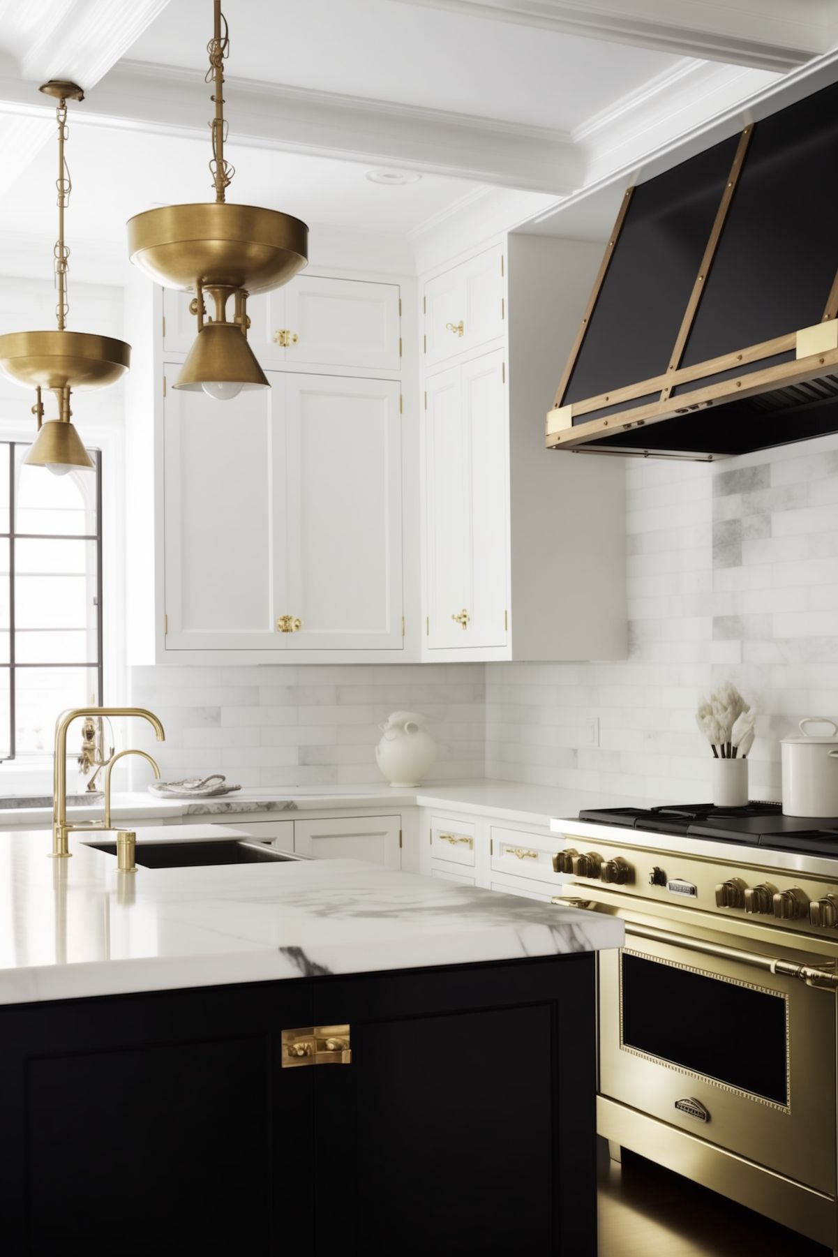 Elegant kitchen with a black, white, and gold color scheme featuring white cabinetry, a black range hood with gold accents, and a gold stove. The kitchen island has a marble countertop and is complemented by gold fixtures and pendant lights, creating a luxurious and stylish ambiance.