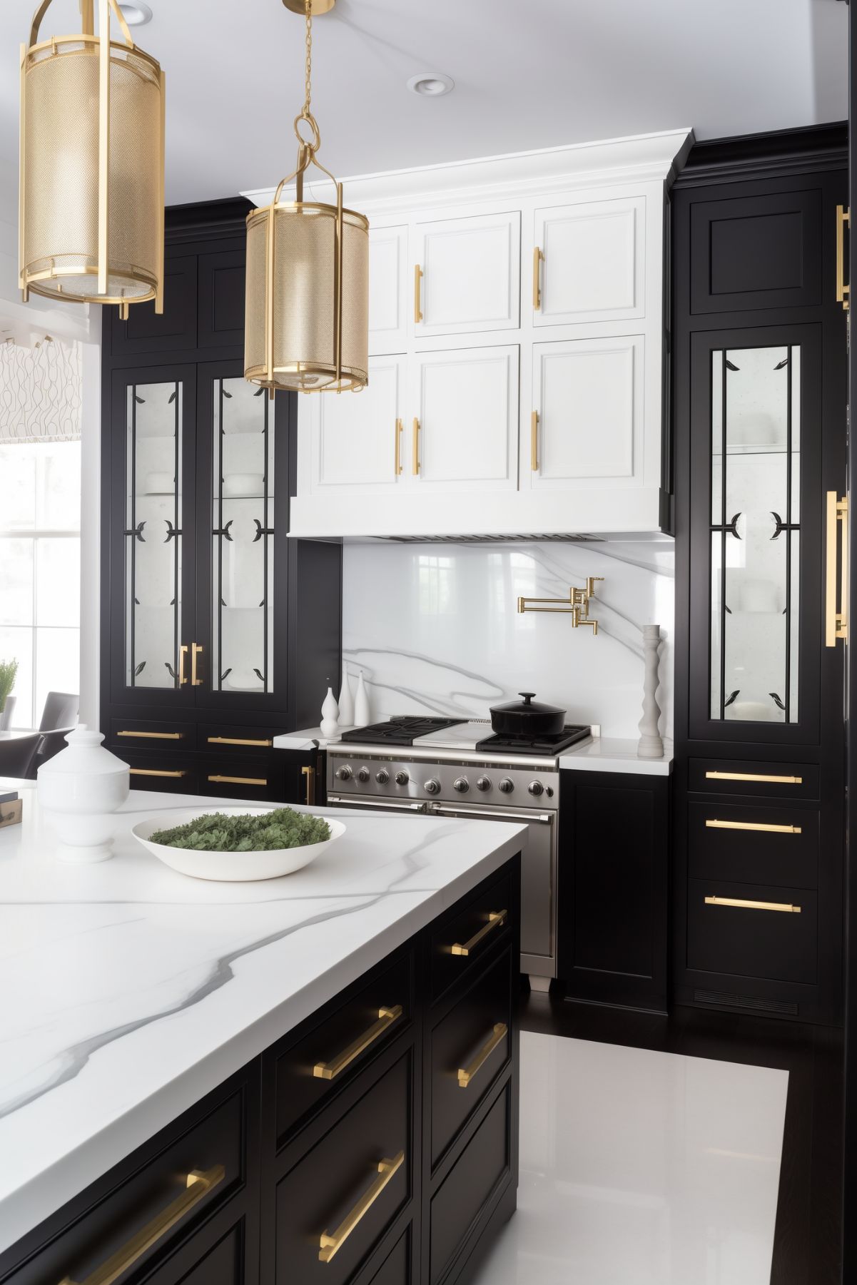 Sophisticated kitchen featuring a black, white, and gold color scheme with black cabinetry, white upper cabinets, and a marble backsplash. The kitchen island boasts a marble countertop with gold handles, complemented by gold pendant lights. The space includes modern appliances and stylish decor, creating a luxurious and contemporary atmosphere.