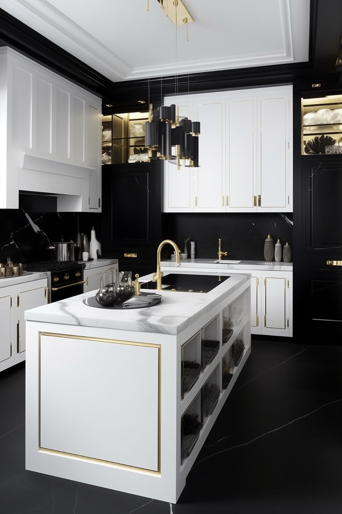 Modern kitchen with a striking black, white, and gold color palette featuring white cabinetry with gold trim, a black backsplash, and a large white marble island with gold fixtures. The space includes sleek black and gold pendant lights, integrated modern appliances, and elegant decor, creating a sophisticated and contemporary ambiance.