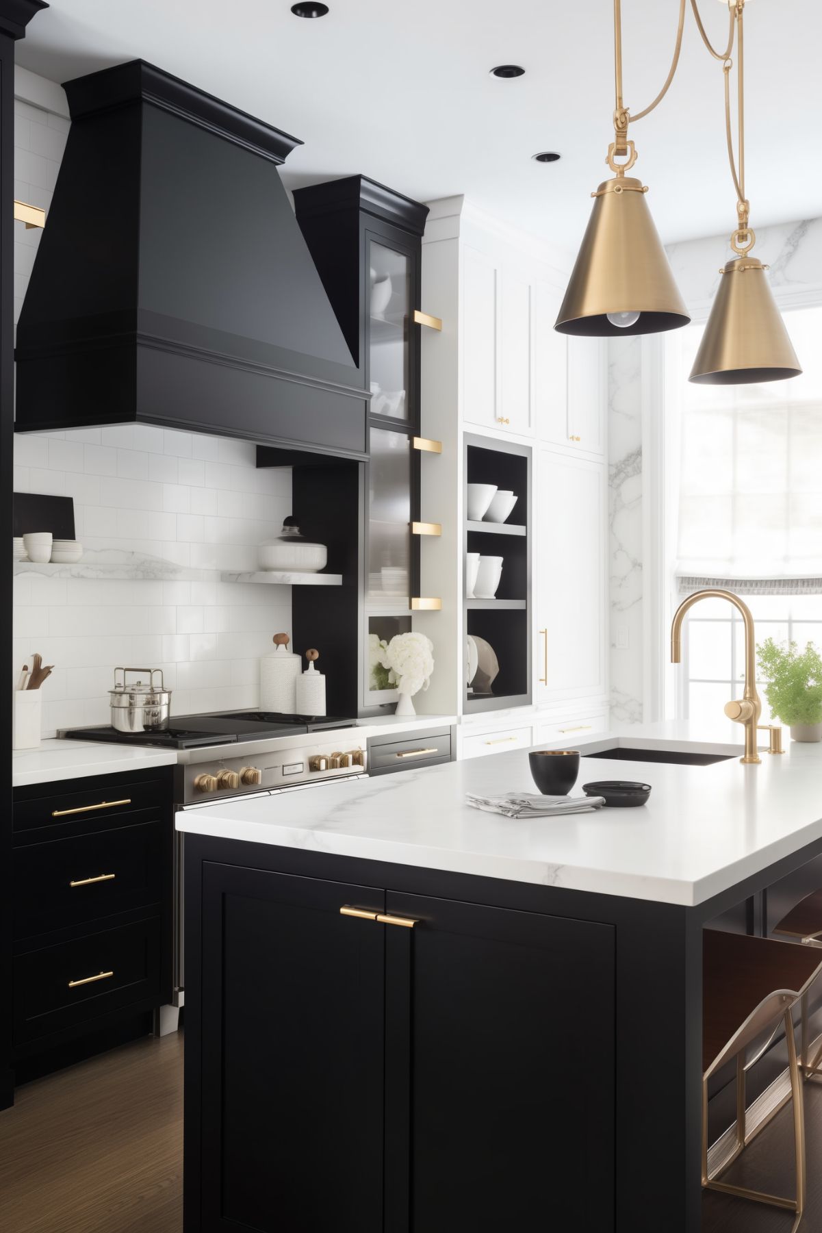 Modern kitchen with a black, white, and gold color scheme featuring black cabinetry, a white backsplash, and gold fixtures. The space includes a large black range hood, a white kitchen island with a marble countertop, and gold pendant lights. Open shelving and modern appliances complete the sophisticated and stylish look.