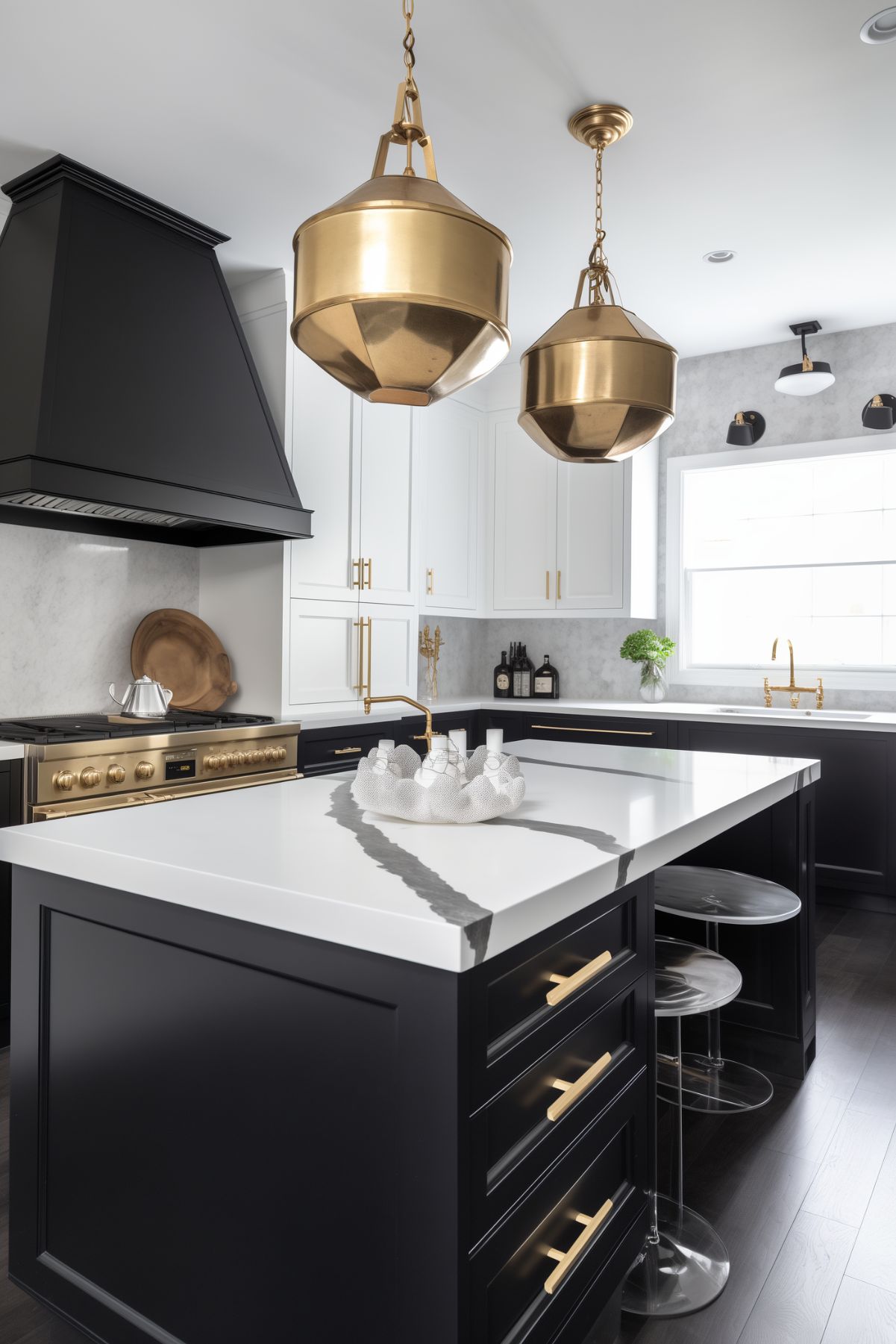 Sleek kitchen with a black, white, and gold color scheme featuring glossy black cabinetry with gold accents, marble countertops, and a luxurious chandelier. The space includes integrated modern appliances, open shelving with elegant decor, and a sophisticated marble floor.