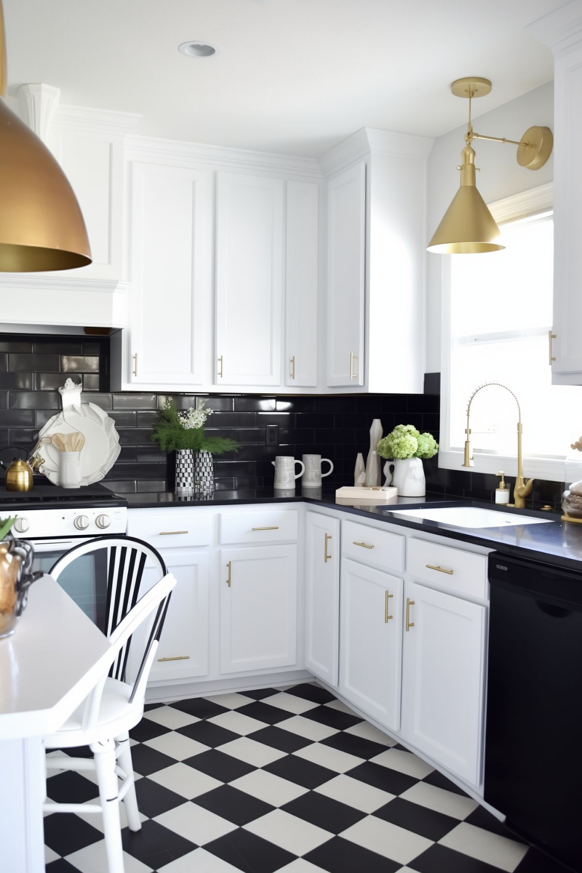 Charming kitchen with a black, white, and gold palette featuring white cabinetry, black countertops, and a black tiled backsplash. The space is accented with gold fixtures, a gold pendant light, and a black and white checkered floor. The white chair and decor add a touch of elegance.