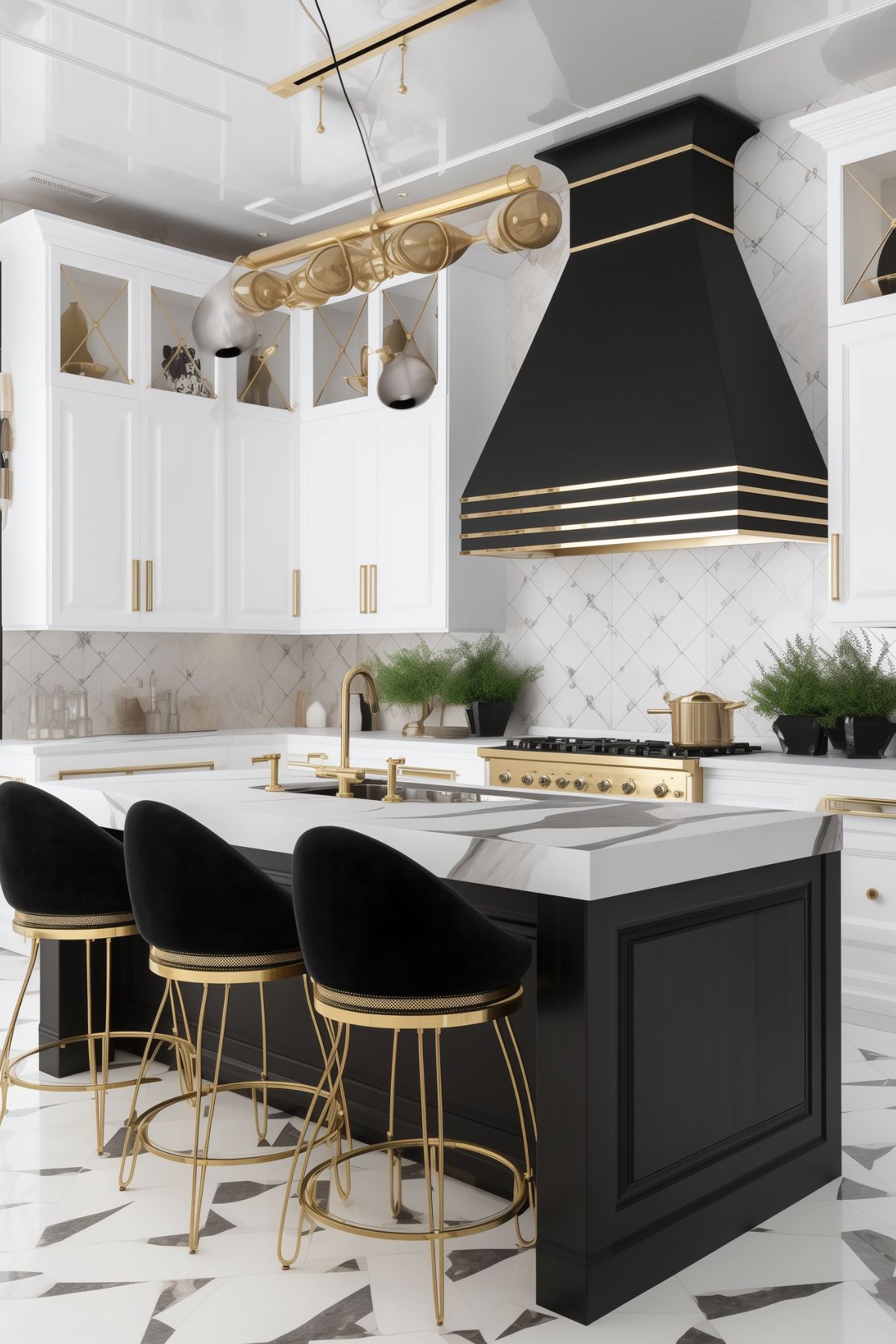 Modern kitchen with a black, white, and gold color scheme featuring a sleek black range hood, white cabinetry, and a marble island with gold fixtures. The kitchen also includes stylish black barstools with gold accents and a contemporary chandelier.