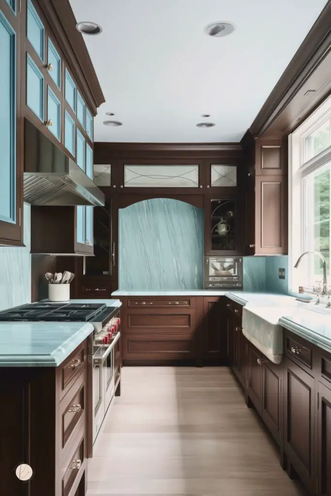 Narrow galley kitchen with rich chocolate brown cabinets, baby blue glass-front upper cabinets, and a pale blue marble-look backsplash. White countertops, farmhouse sink, stainless steel range hood, and large window bring in light. Traditional dark wood trim and recessed ceiling lights add a classic feel.