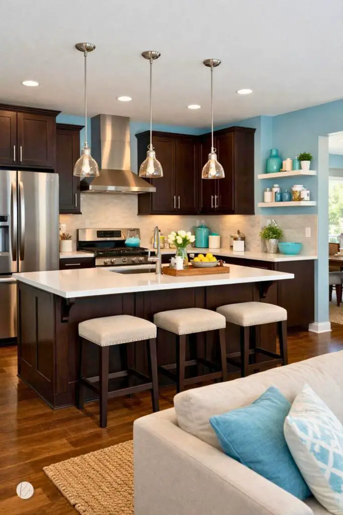 Open-concept kitchen with dark brown cabinets, white waterfall island, stainless steel appliances, and three glass pendant lights. Baby blue walls and turquoise accents brighten the space, with floating shelves, white countertops, and three upholstered bar stools. Beige sofa with blue pillows in the foreground.