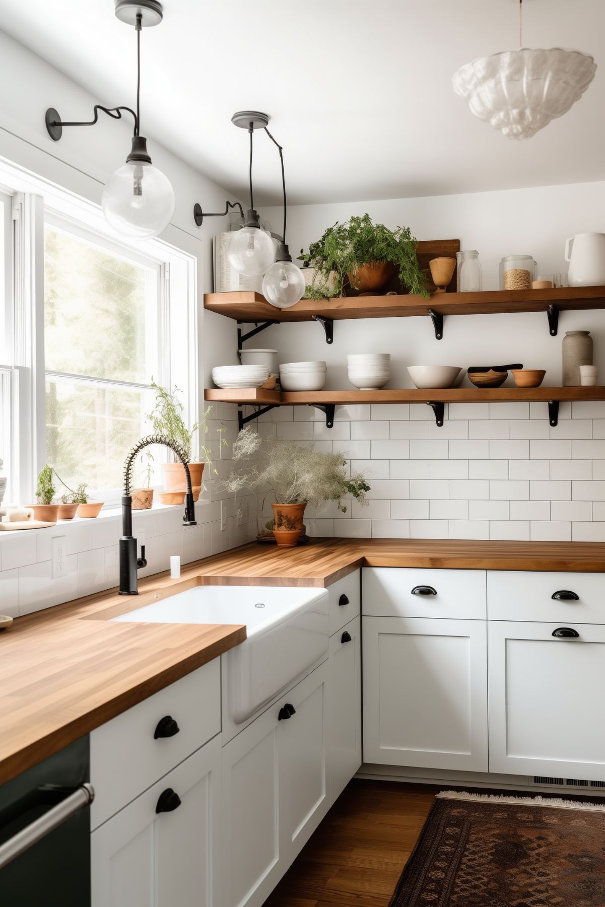 A bright and airy kitchen with a cottagecore vibe, featuring white cabinetry, butcher block countertops, and open wooden shelves. The shelves are adorned with white dishware, glass jars, and potted plants, adding a touch of greenery. Large windows above the sink let in plenty of natural light, while black hardware and light fixtures provide a modern contrast. The backsplash is made of white subway tiles, and a vintage-style rug adds warmth to the hardwood floor.