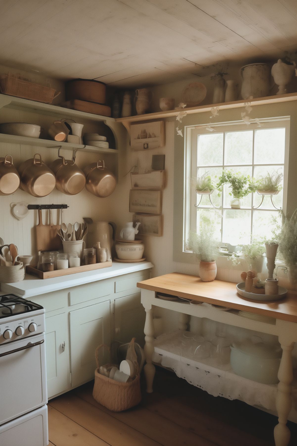 A cozy kitchen with a rustic cottagecore vibe, featuring pastel green cabinetry, wooden countertops, and a white farmhouse sink. Open shelving displays a variety of ceramic dishware and cooking essentials, while copper pots hang above the stove. The space is filled with natural light from the window, giving it a warm and inviting feel, perfect for a homey kitchen.