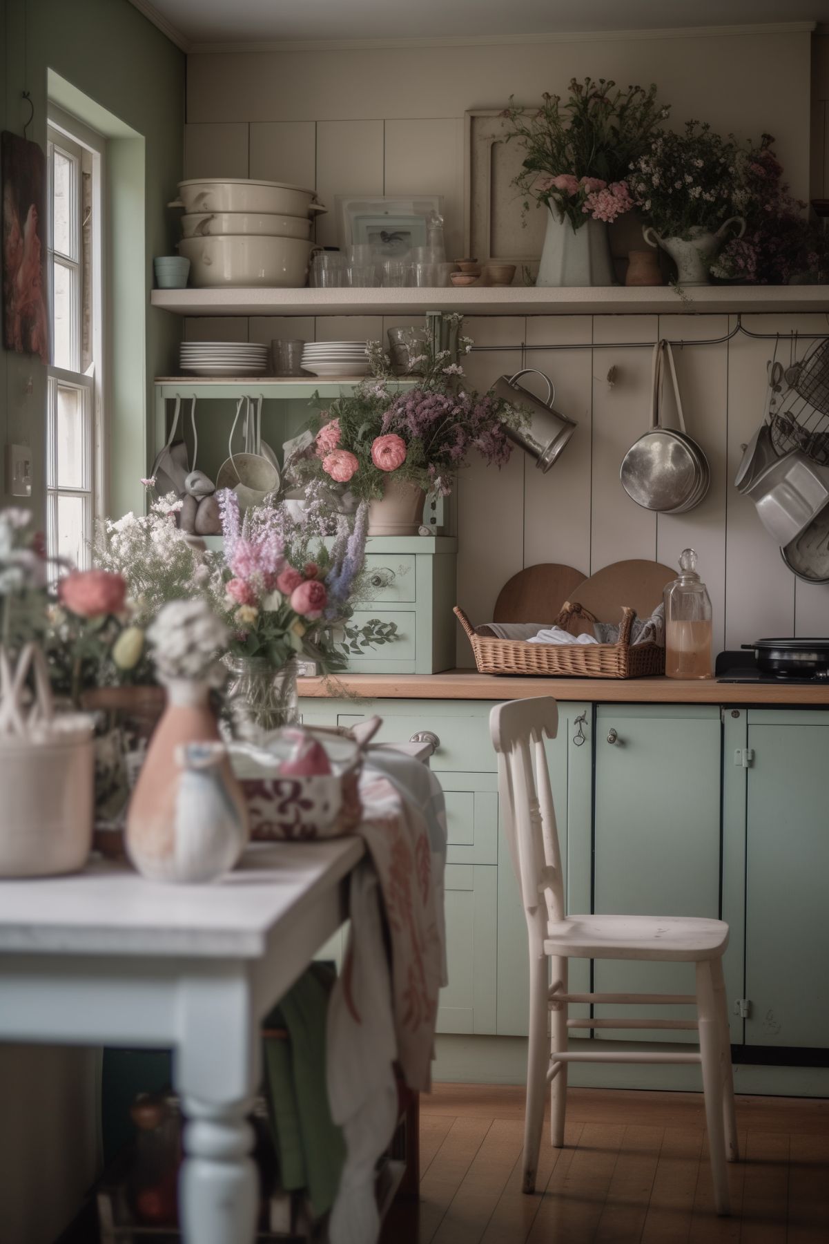 A quaint kitchen with a vintage cottagecore aesthetic, featuring soft green cabinetry, wooden countertops, and a variety of potted plants and fresh flowers. Open shelving holds a mix of dishware, while metal pots and pans hang on the walls. The space is filled with a charming, nostalgic atmosphere, enhanced by the natural light streaming in through the windows.