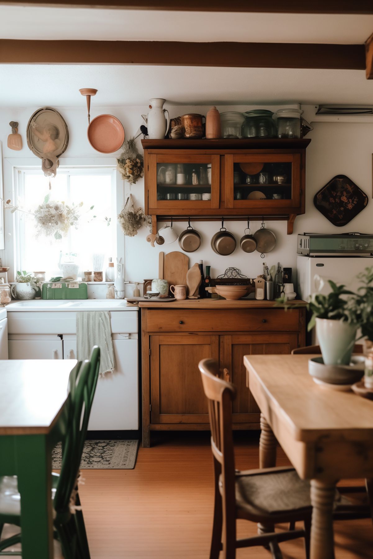 A cozy kitchen with a cottagecore aesthetic featuring wooden cabinets, open shelving, and a variety of vintage cookware and decor items. Sunlight streams in through a window above the sink, illuminating the room filled with potted plants and dried flowers. The space is inviting and charming, with a mix of rustic and homey elements.