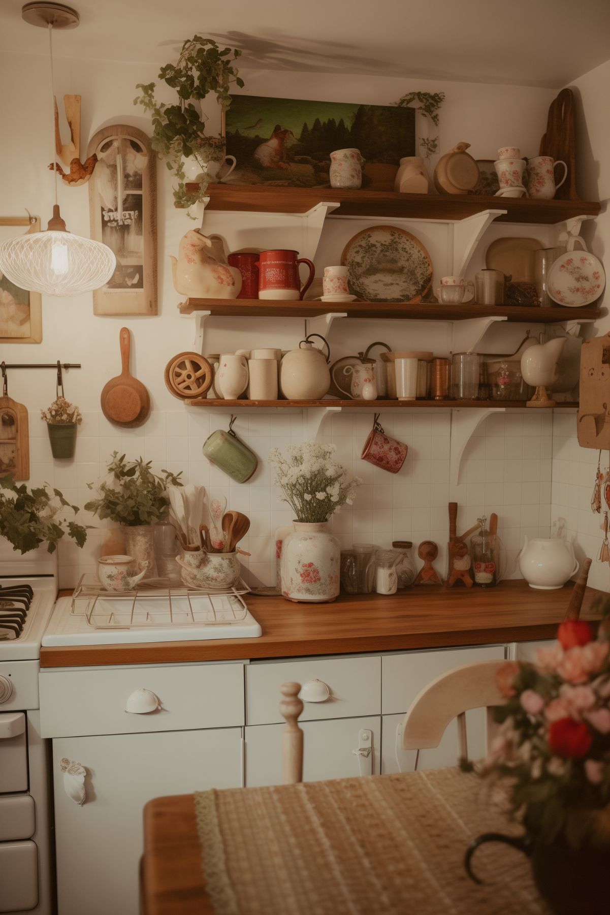 A quaint kitchen with a vintage cottagecore style, featuring white cabinetry and wooden countertops. The open shelves are filled with an assortment of floral-patterned teapots, mugs, and dishware, adding a charming touch. Various kitchen tools and decor items hang on the walls, including wooden cutting boards, a small pan, and greenery in pots. A woven light fixture provides warm lighting, enhancing the cozy atmosphere. A vase with fresh flowers sits on the countertop, completing the nostalgic and homely look.