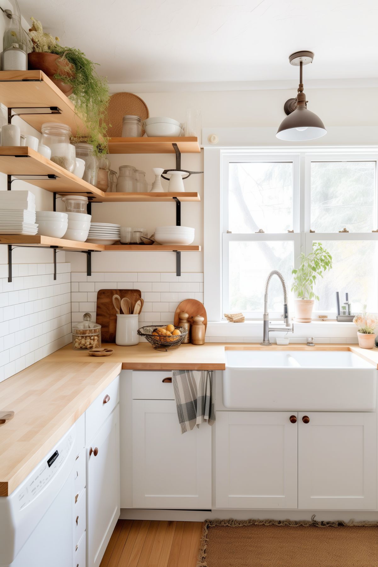 A bright kitchen with a cottagecore aesthetic featuring white cabinetry and butcher block countertops. Open wooden shelves display neatly organized dishware, glass jars, and potted plants. A large farmhouse sink is positioned under a window, allowing natural light to brighten the space. The kitchen exudes a clean, cozy, and inviting atmosphere with a mix of rustic and modern elements.