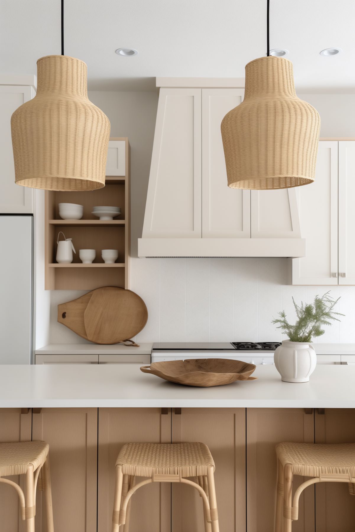 A minimalist kitchen with a cottagecore touch, featuring light wooden cabinetry and white countertops. Two large wicker pendant lights hang above a central island, which is accompanied by matching wicker stools. The island is decorated with a wooden bowl and a white vase with greenery. The background showcases open shelving with neatly arranged white dishware, and a wooden cutting board is propped against the backsplash, adding a natural element to the space. The overall design is clean, airy, and inviting.