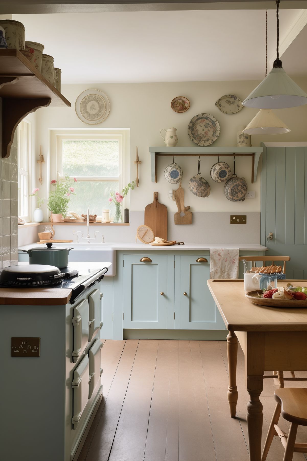 A charming kitchen with a classic cottagecore style, featuring light blue cabinetry, wooden countertops, and a white farmhouse sink. The space is adorned with vintage dishware, cutting boards, and potted plants, creating a cozy and welcoming atmosphere. Natural light floods the kitchen through the window, highlighting the warm and inviting decor.