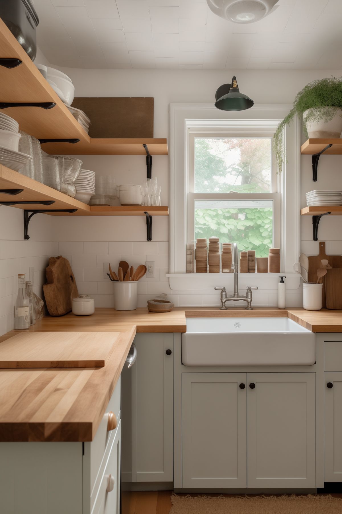 A compact, charming kitchen with a cottagecore style, showcasing white cabinetry and butcher block countertops. Open shelves hold an array of dishware and glass jars, enhancing the functional yet decorative appeal. A large farmhouse sink sits beneath a window, with a variety of wooden cutting boards and utensils neatly arranged around the workspace. The space is warm and welcoming, perfect for a cozy home.