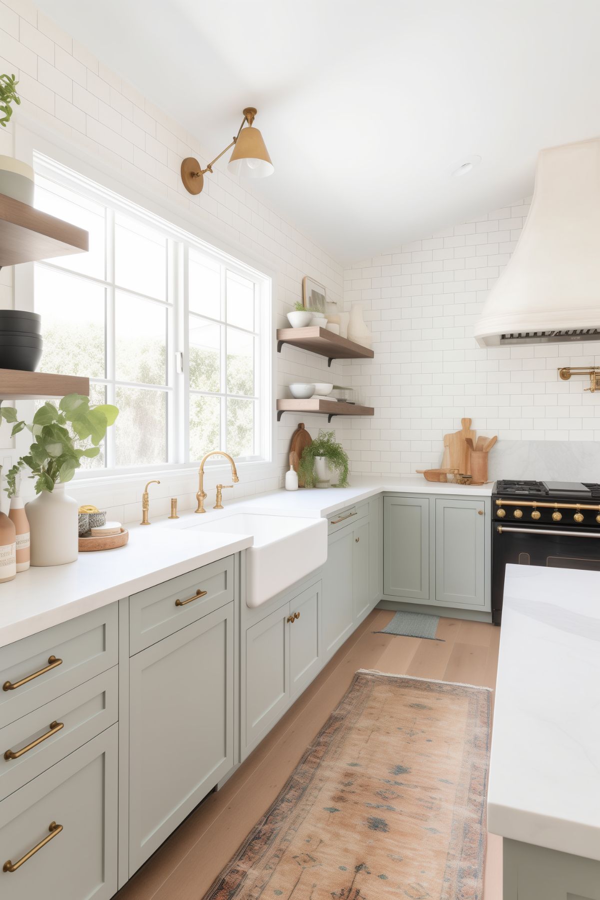 A bright and elegant kitchen with a modern cottagecore style, featuring light green cabinetry and white countertops. The backsplash is made of white subway tiles, adding a clean and timeless look. Brass hardware and fixtures, including a vintage-style faucet, provide a touch of sophistication. Open wooden shelves display minimalistic decor and plants, enhancing the fresh and airy atmosphere. A large farmhouse sink is centered under a window, which allows natural light to flood the space. A black vintage stove adds a focal point, while a neutral-toned rug adds warmth to the light wood flooring.