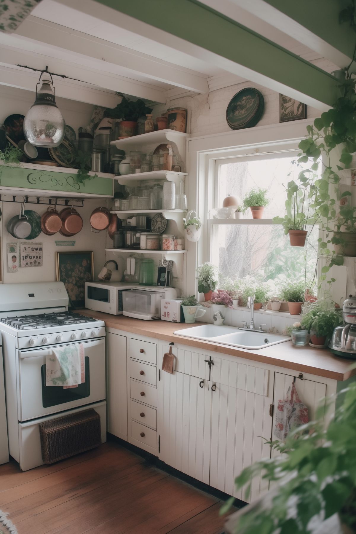 A quaint and rustic kitchen featuring green cabinetry, wooden countertops, and white appliances. The walls and shelves are adorned with a variety of vintage kitchenware, potted plants, and copper pots and pans, creating a charming, lived-in feel. The window over the sink allows natural light to fill the space, enhancing the kitchen's cozy and inviting atmosphere.