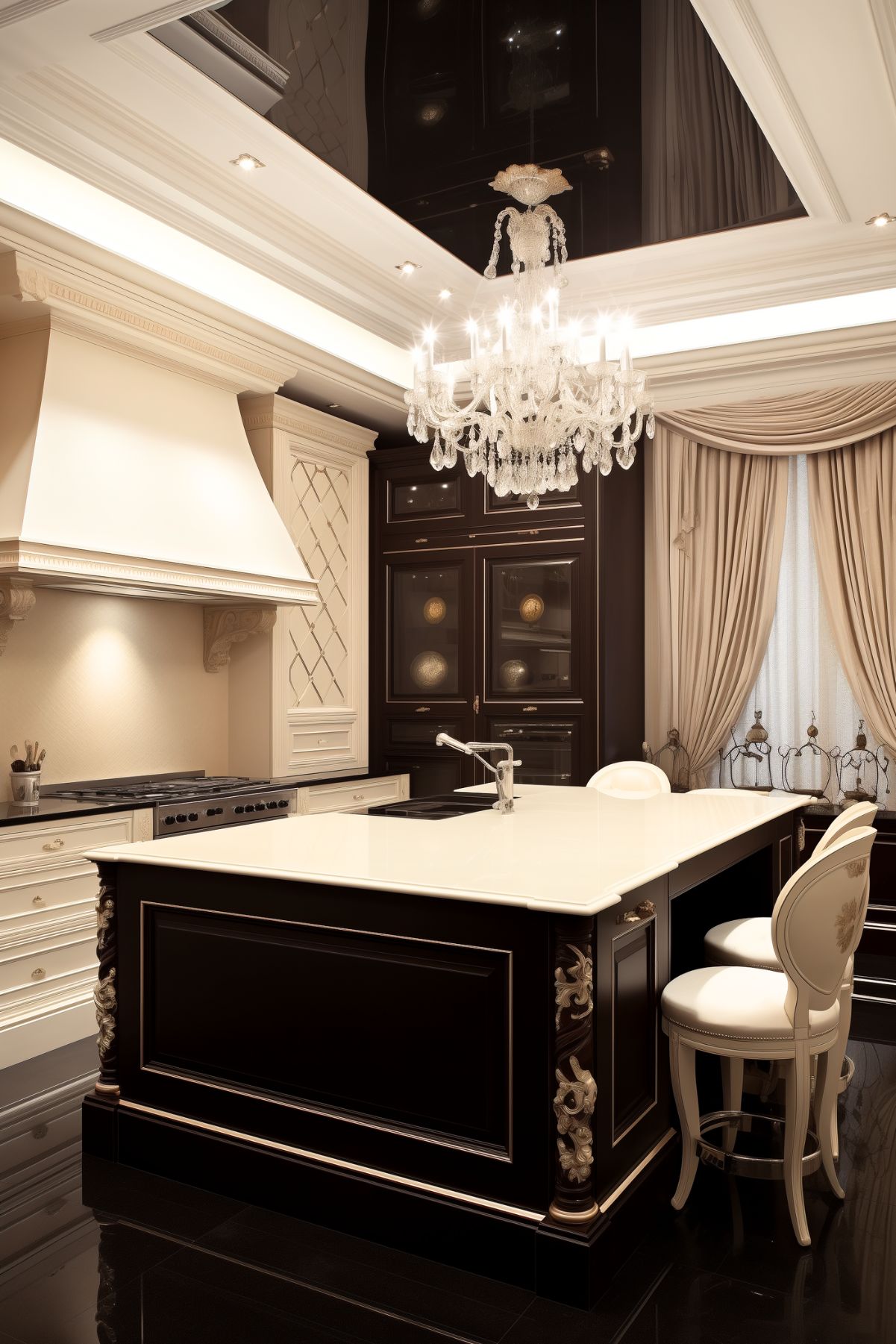 Luxurious kitchen with a striking chandelier, dark wood cabinets, and a central island with white countertops. The elegant design features detailed craftsmanship and sophisticated decor, creating an opulent and inviting atmosphere.