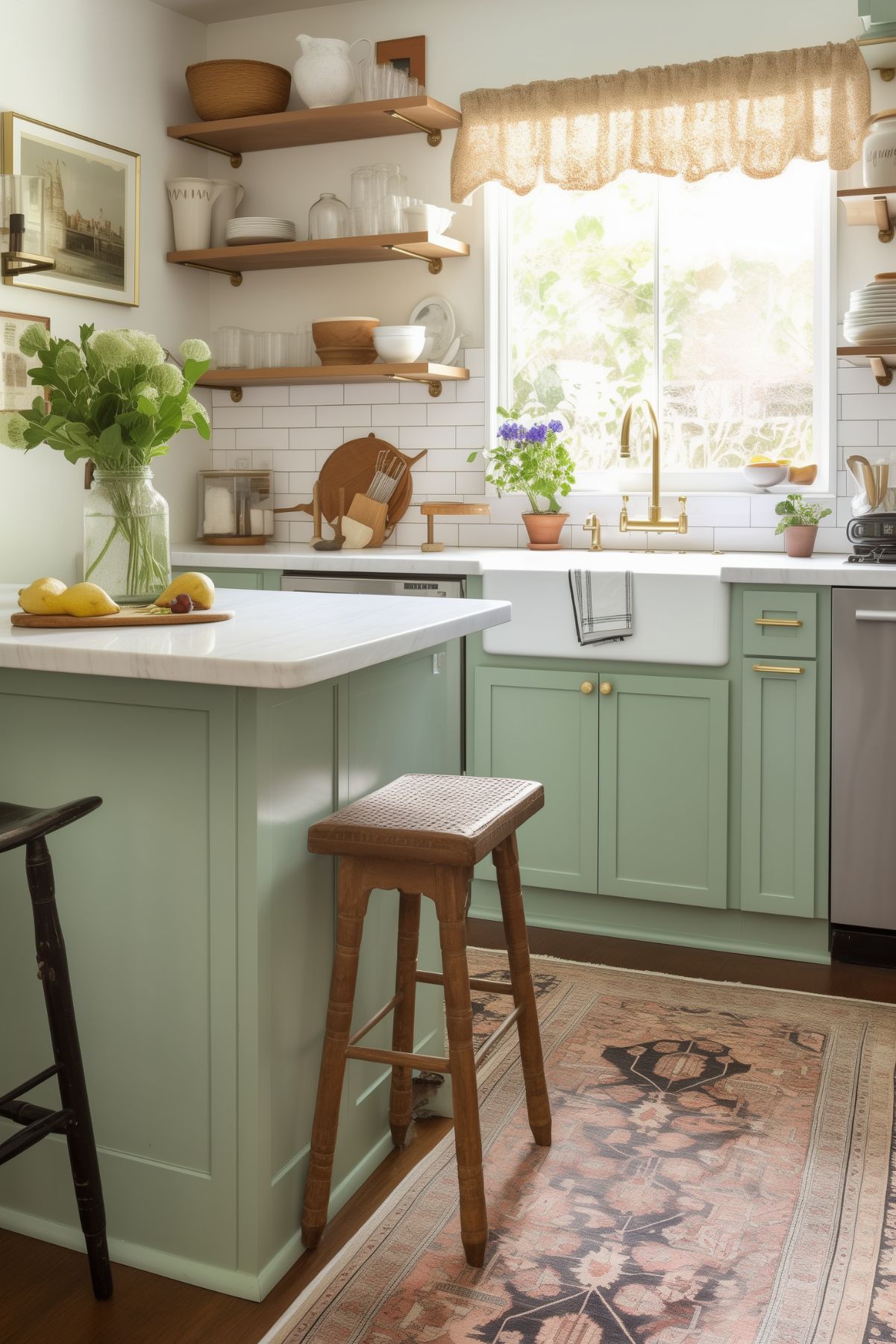 A cozy kitchen with mint green cabinets, wooden shelves, and a farmhouse sink. The space is adorned with potted plants, vintage decor, and a patterned rug, creating a charming and inviting atmosphere.