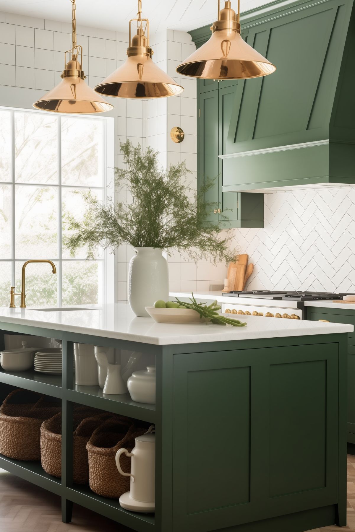 A traditional kitchen with forest green cabinets, a white subway tile backsplash, and brass accents. The room features a wooden island and various potted plants, adding to its classic charm.