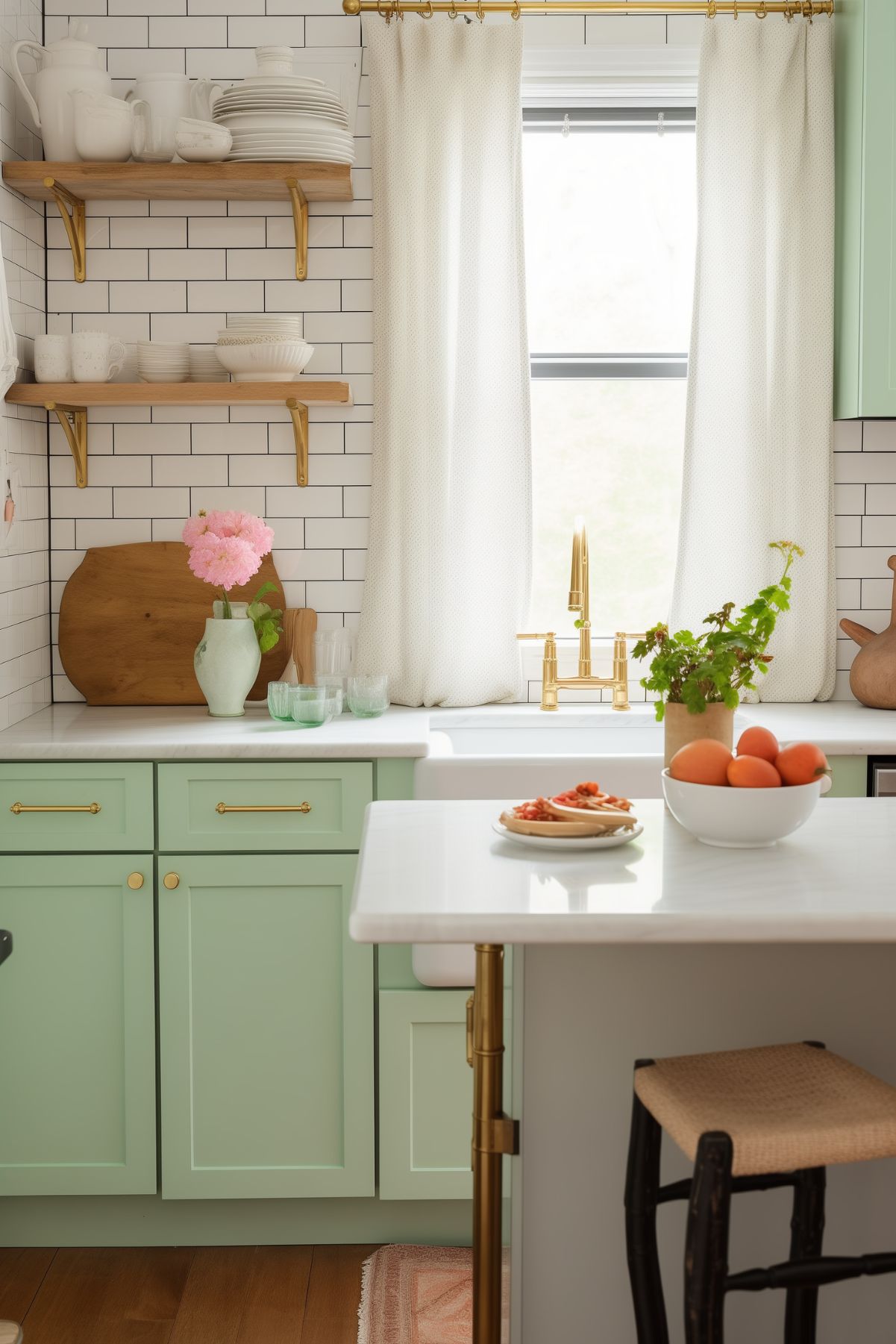 A bright kitchen featuring mint green cabinets, a white farmhouse sink, and open wooden shelves. The room is decorated with fresh flowers, simple white curtains, and gold accents for a clean, airy look.