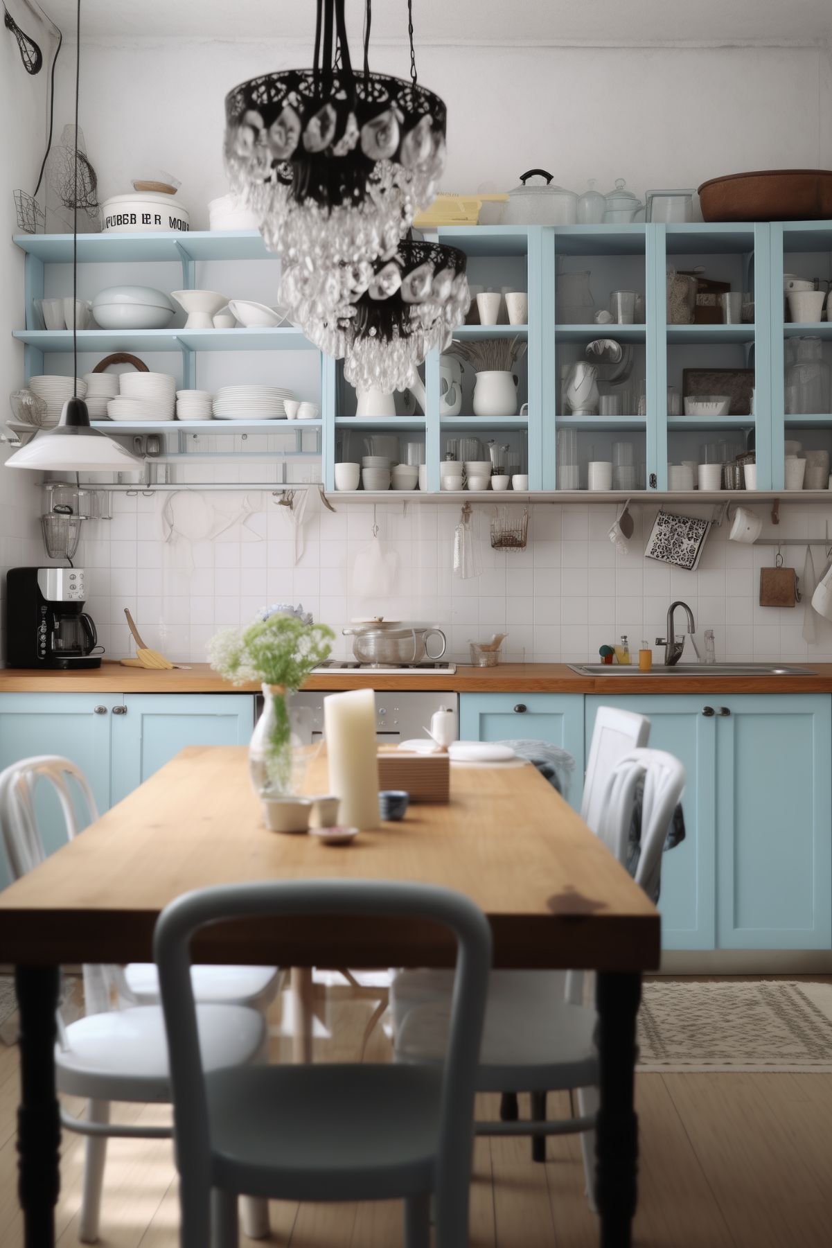 A rustic kitchen with light blue cabinets, open shelving filled with white dishware, and a large wooden dining table. The space is lit by black chandeliers with crystal details, giving it a vintage yet elegant feel.