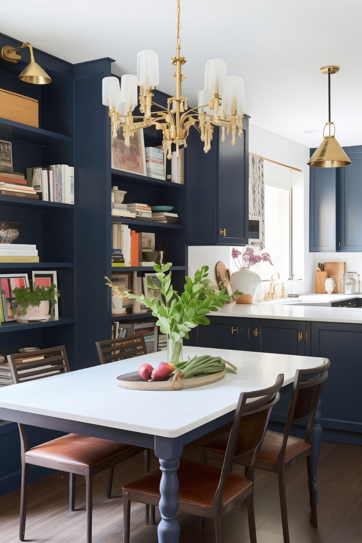 A sophisticated kitchen with deep navy blue cabinets, white countertops, and brass fixtures. The open shelves display books and decor, while the dining table is set with a centerpiece of fresh greenery.