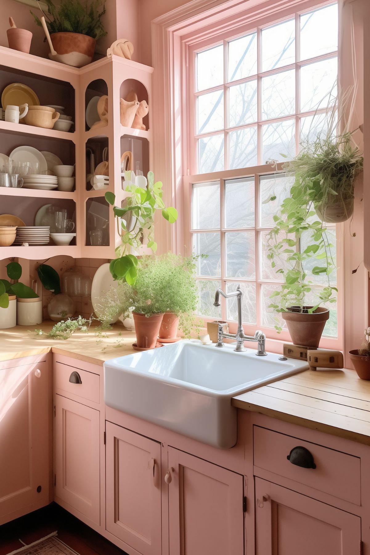 A charming kitchen with pink accents, a farmhouse sink, and open shelves displaying various dishware. The soft colors and abundance of potted plants create a warm, inviting space.