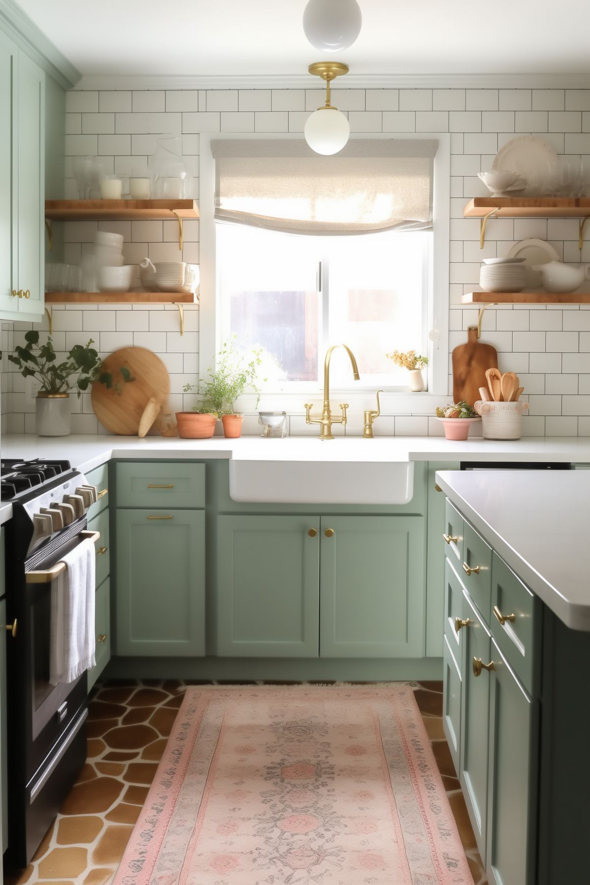 A light-filled kitchen with mint green cabinets, wooden shelves, and a farmhouse sink. The white walls and tile backsplash provide a clean backdrop for the room's warm, rustic details.