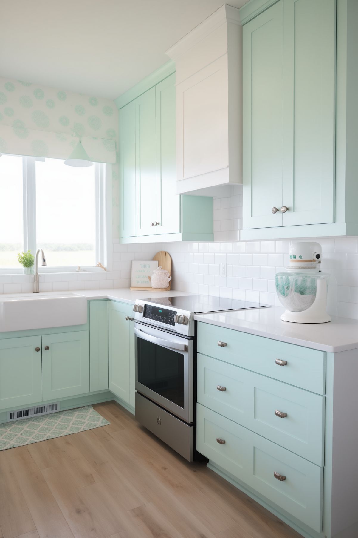 Bright and charming coastal kitchen with seafoam green cabinets and white countertops. The room features a farmhouse sink, stainless steel appliances, and light wood flooring. The decor includes pastel accents and a large window that lets in plenty of natural light, creating a cheerful and inviting atmosphere.